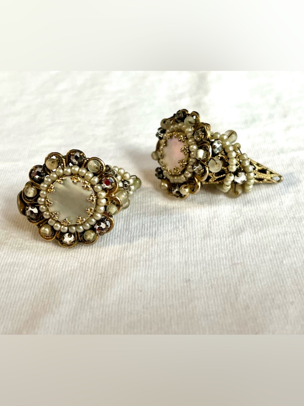 Unsigned Miriam Haskell Gold-Tone Pearl and Mother-of-Pearl Cornucopia Earrings